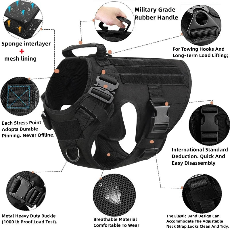 Harnais Tactique Militaire pour Chien – Gilet MOLLE + Laisse, S à XL