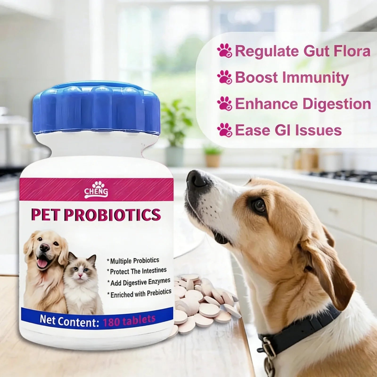 Probiotiques pour Chien – 180 Comprimés à Mâcher, Flore Intestinale & Immunité