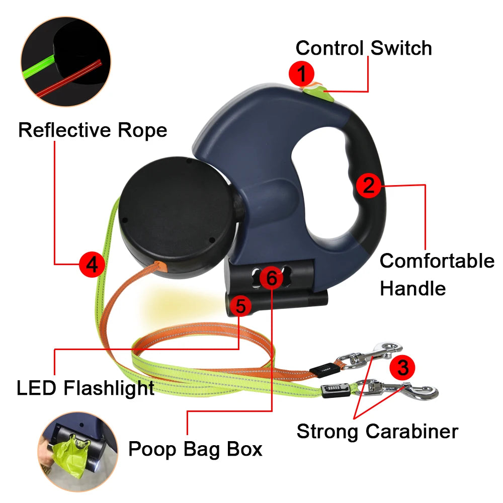 Laisse Rétractable Double pour Petit Chien – 3 m, Réfléchissante, Lumières LED, jusqu’à 8 kg