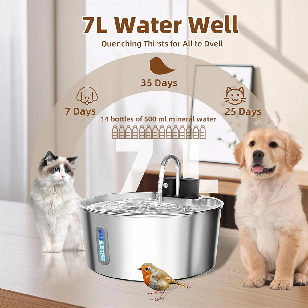 Fontaine d'eau sans fil pour chat 7L – Acier inoxydable & Silencieuse