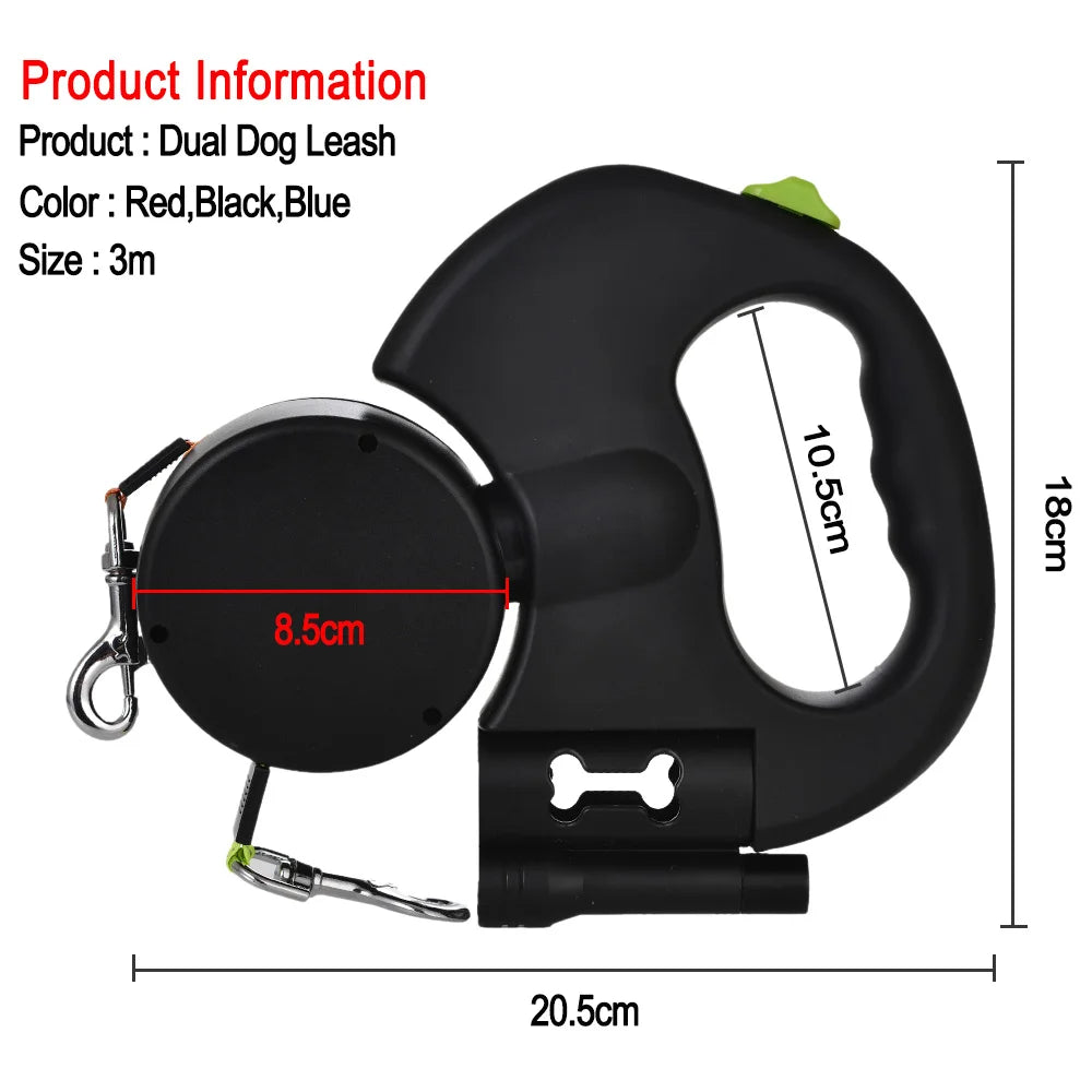 Laisse Rétractable Double pour Petit Chien – 3 m, Réfléchissante, Lumières LED, jusqu’à 8 kg