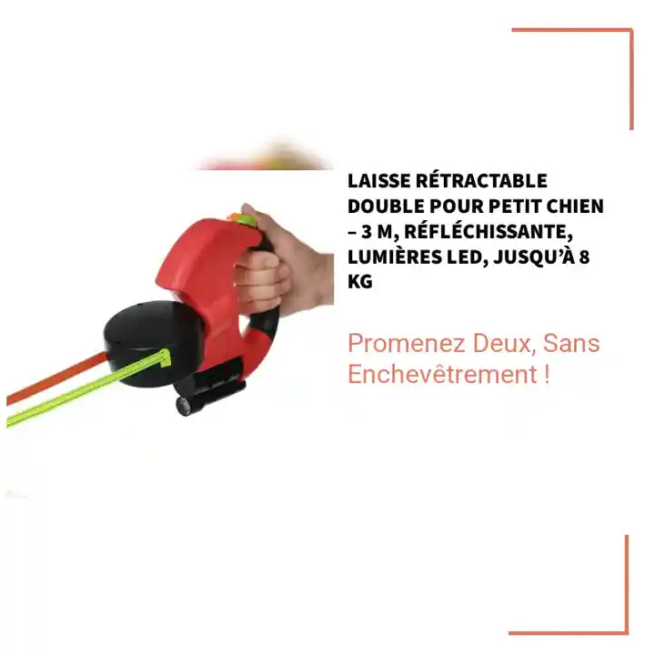 Laisse R&eacute;tractable Double pour Petit Chien &ndash; 3 m, R&eacute;fl&eacute;chissante, Lumi&egrave;res LED, jusqu&rsquo;&agrave; 8 kg by@Outfy
